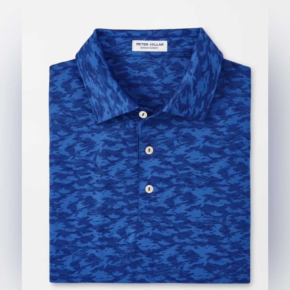 Peter Millar Crown Sport Polo Shirt Golf Fish Camo Performance Blue Medium NWT